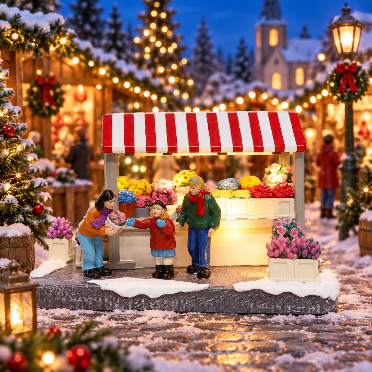 Santaville Kerstdorphuisje Market Stall Flowers With Customers met Verlichting 19 x 12 x 12 cm