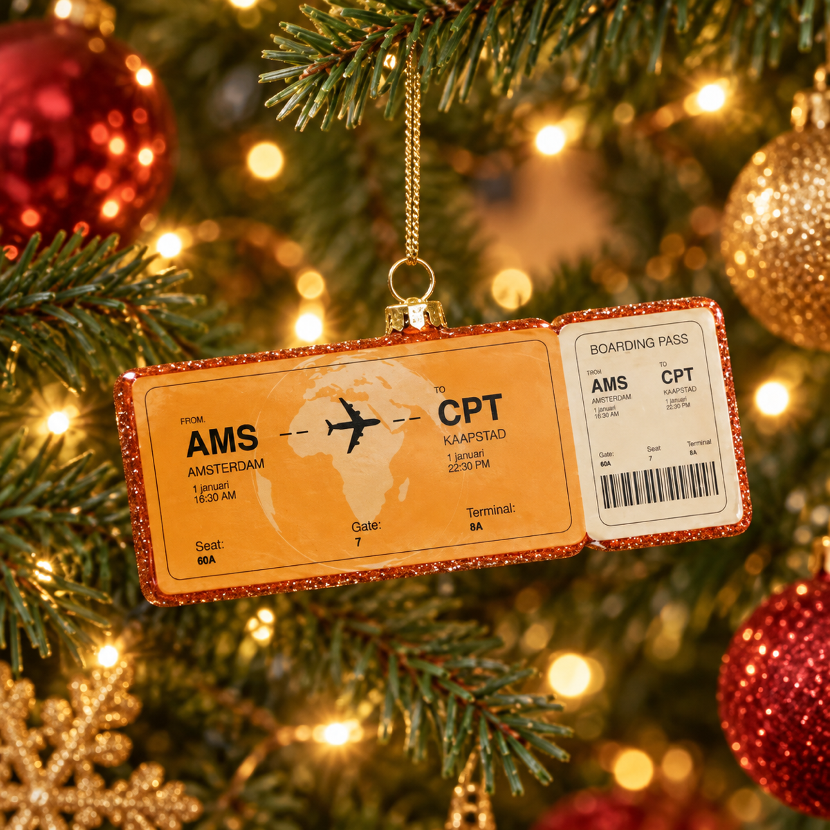 Yup in de boom Kerstornament Boardingpass Amsterdam - Kaapstad Oranje 12 x 4.5 x 1.2 cm