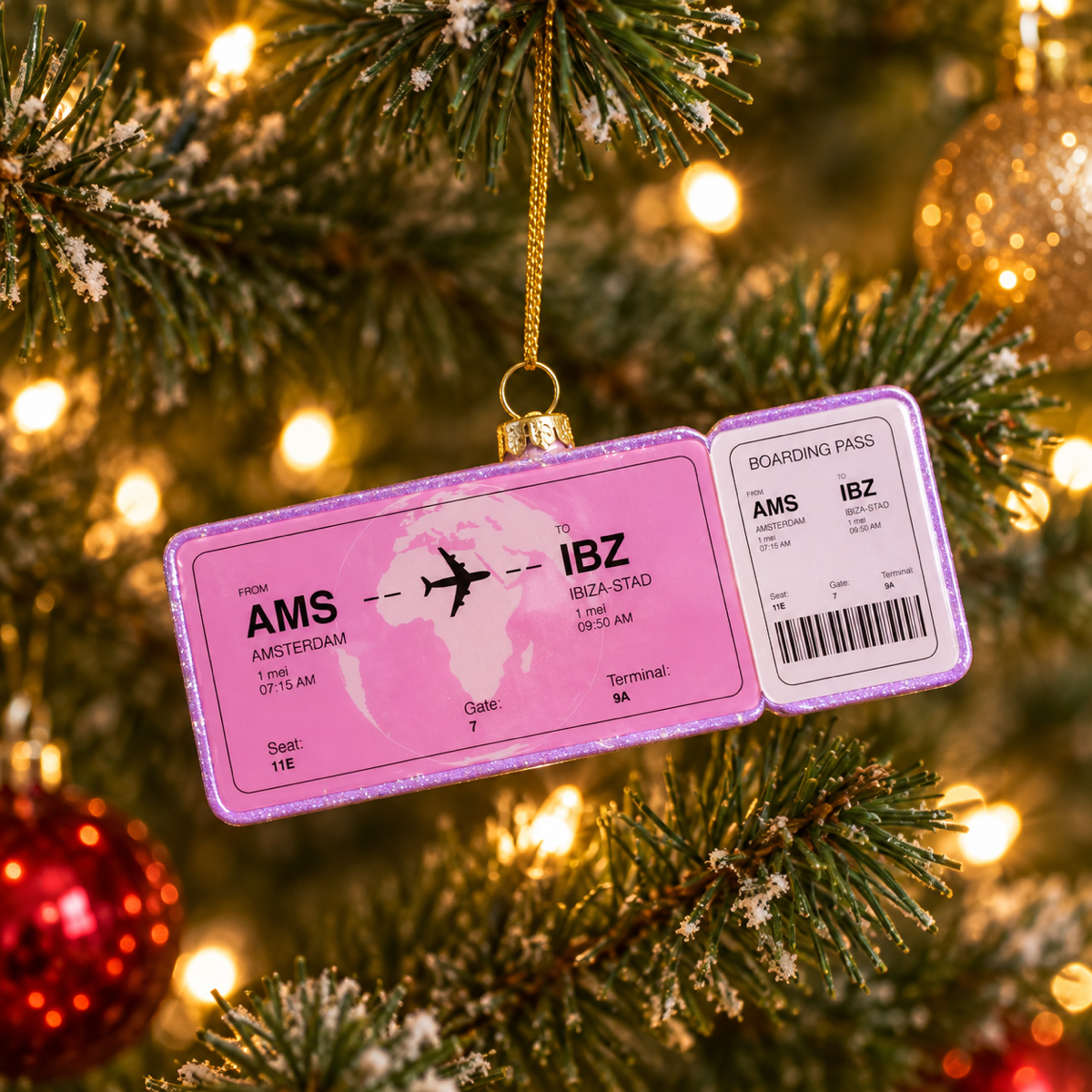Yup in de boom Kerstornament Boardingpass Amsterdam - Ibiza Roze 12 x 4.5 x 1.2 cm