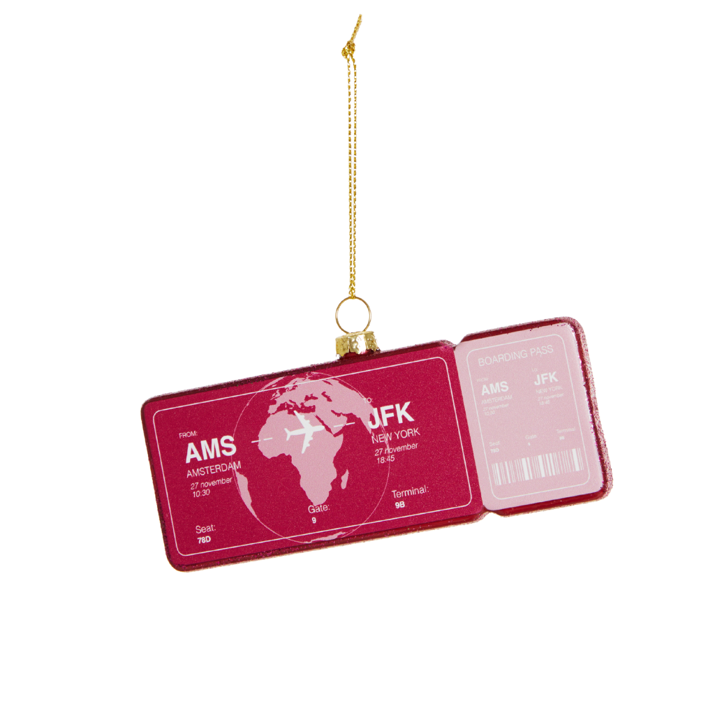 Boardingpass Amsterdam - New York kerstornament Yup in de boom