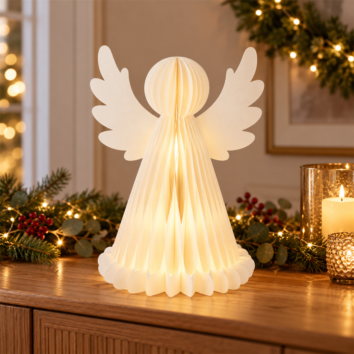 De Bosrand Verlicht Kerstfiguur Engel Wit verlichting LED Papier 38 cm