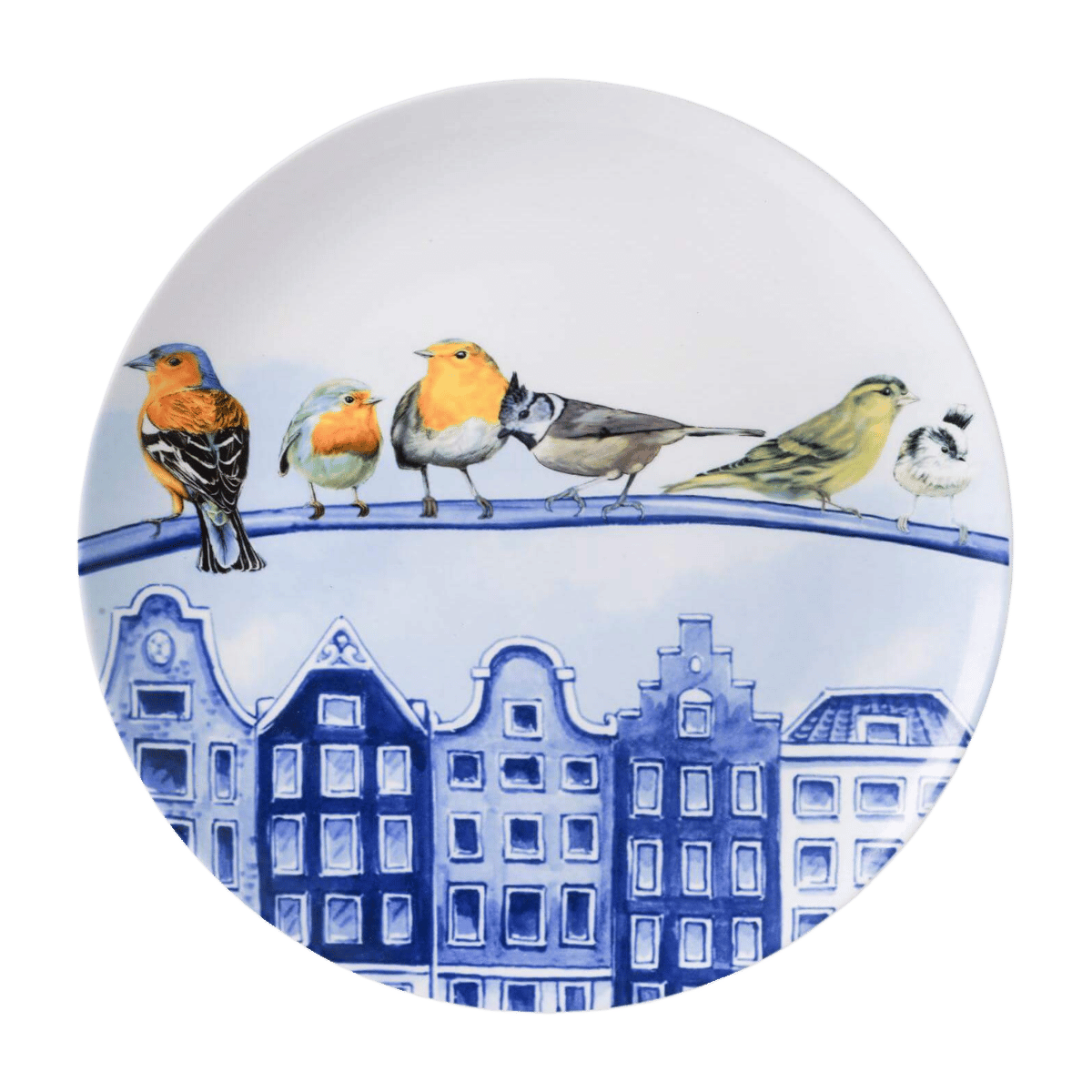 Heinen Delfts Blauw Wandbord Bosvogels In de Stad