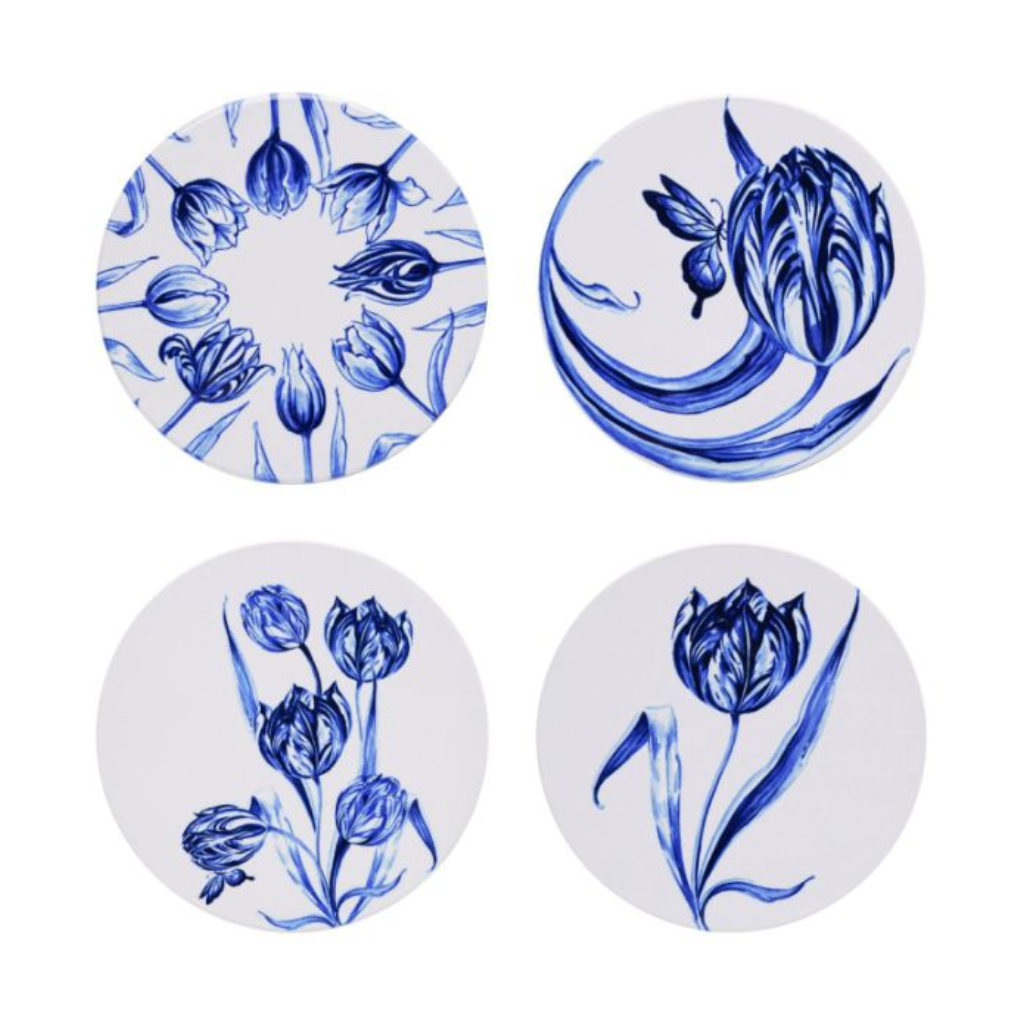 Heinen Delfts Blauw Onderzetters Vrolijke tulpen 4 stuks