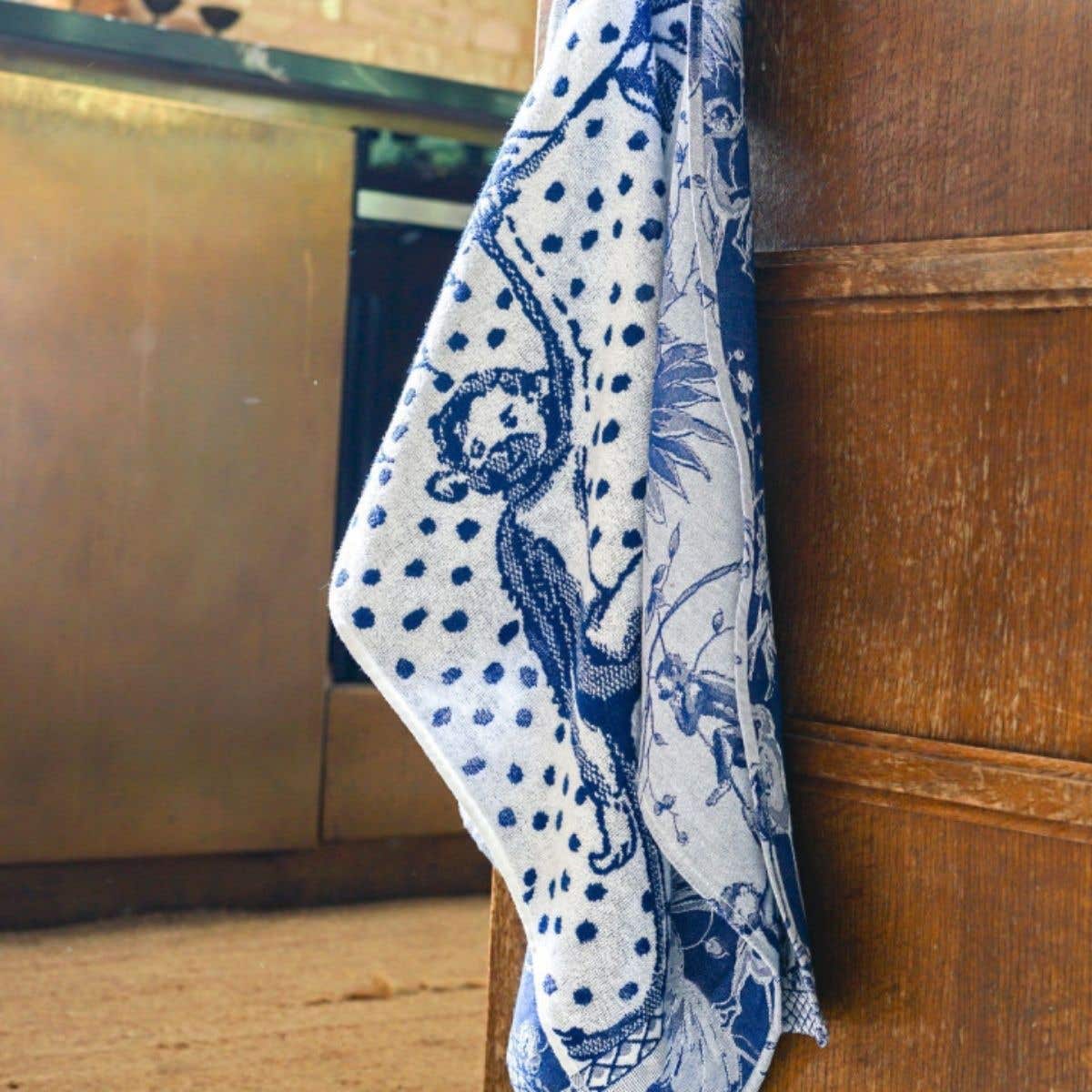 Heinen Delfts Blauw Theedoek Aapjes Stip
