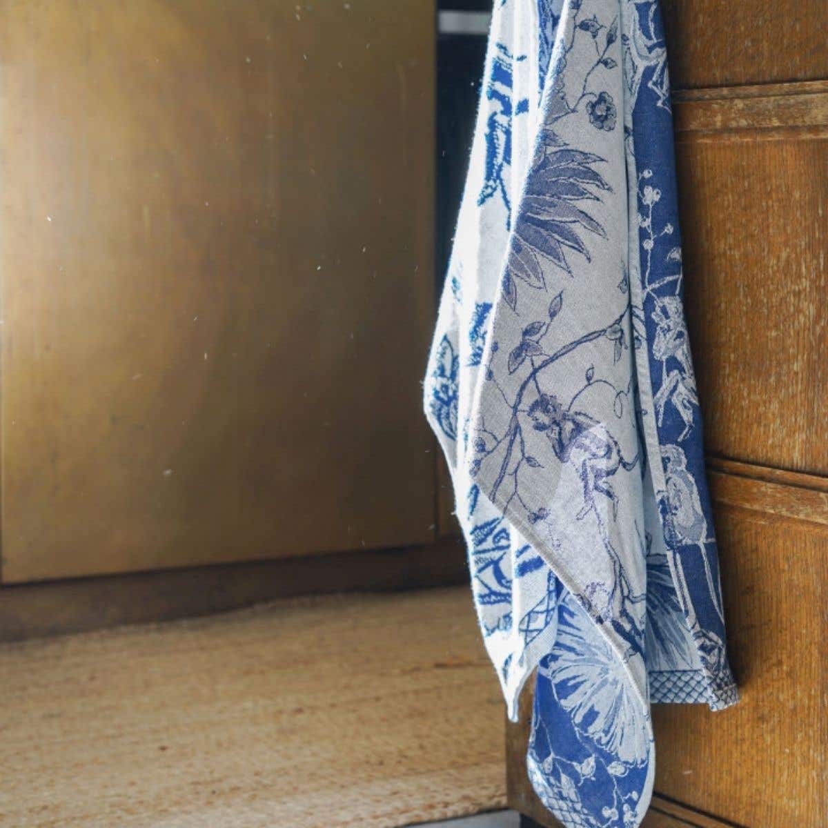Heinen Delfts Blauw Theedoek Aapjes Stip