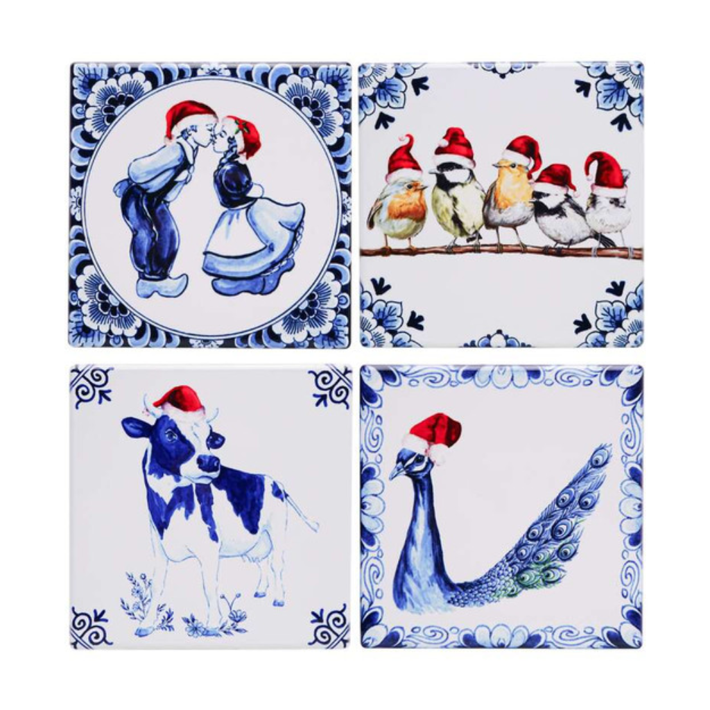 Heinen Delfts Blauw Onderzetters Kerst 4 stuks
