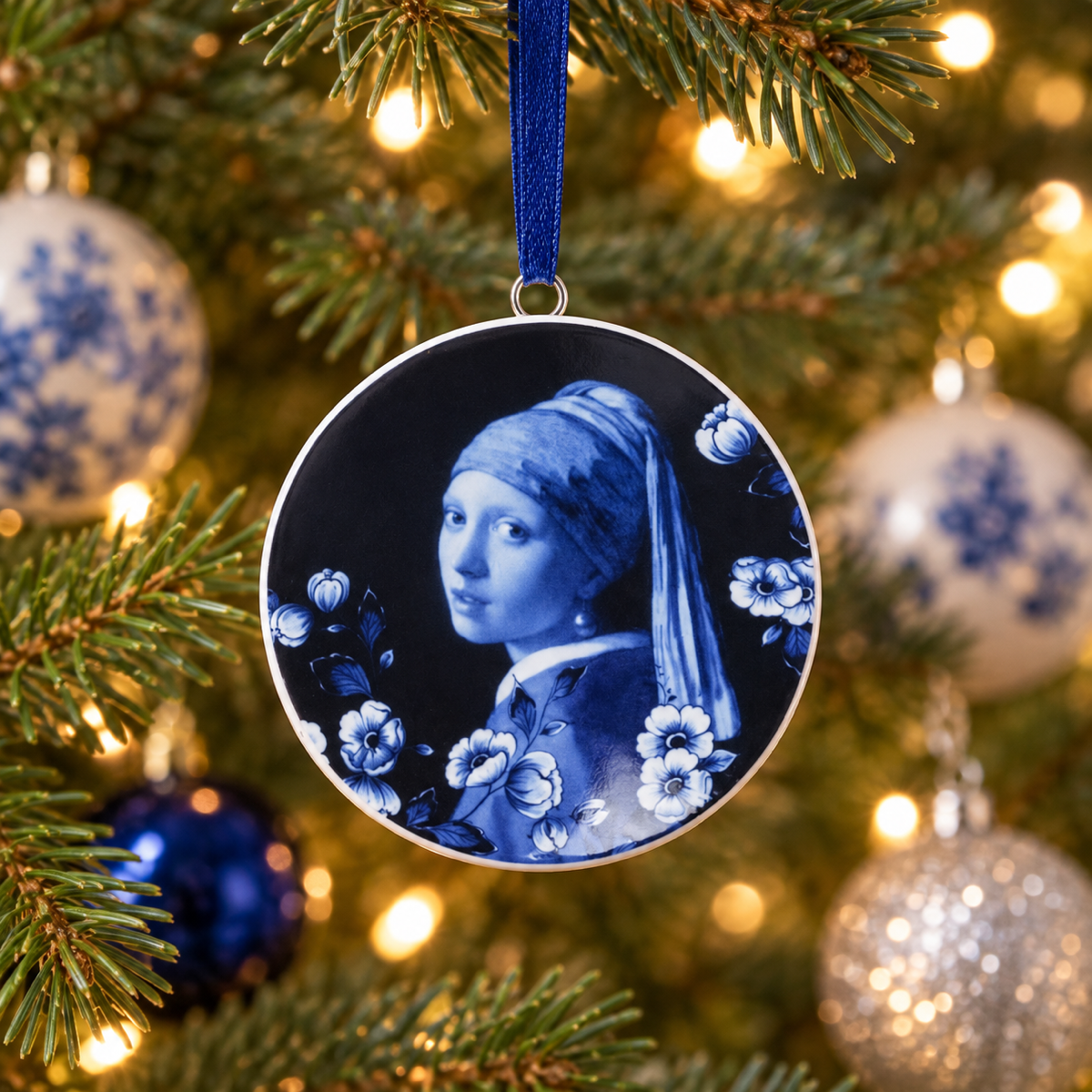 Heinen Delfts Blauw Kerstornament Wandbordje Meisje met de Parel Blauw Ø 6 x 1 cm