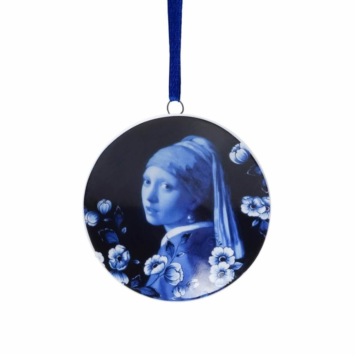 Heinen Delfts Blauw Kerstornament Wandbordje Meisje met de Parel Blauw Ø 6 x 1 cm