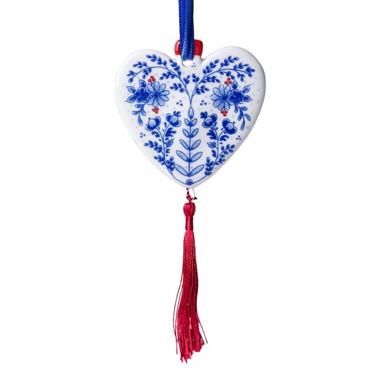 Heinen Delfts Blauw Kerstornament Hart Plat Blauw 7.7 x 7.4 x 0.5 cm