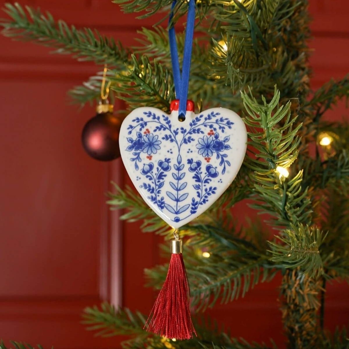 Heinen Delfts Blauw Kerstornament Hart Plat Blauw 7.7 x 7.4 x 0.5 cm