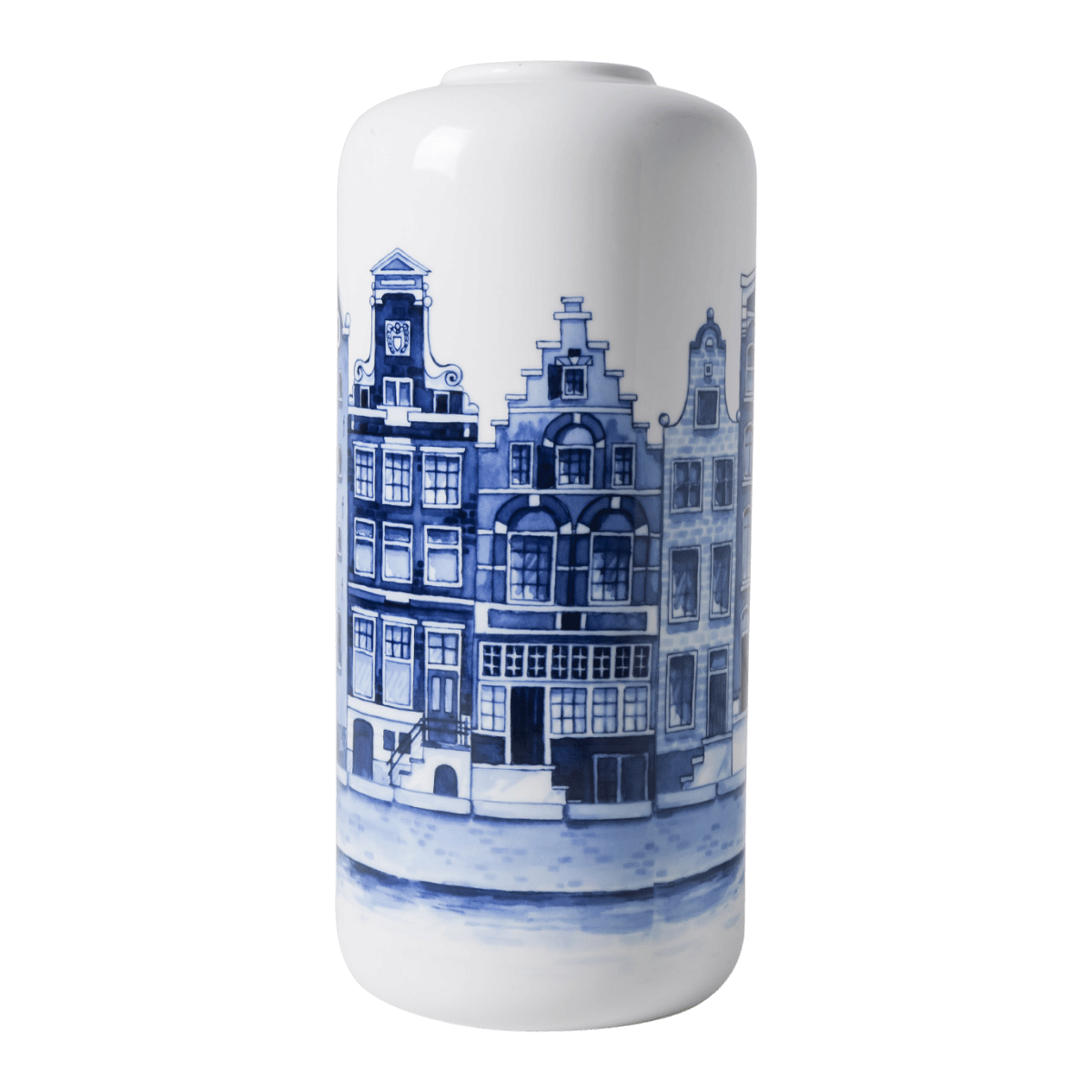 Heinen Delfts Blauw Cilindervaas Huisjes