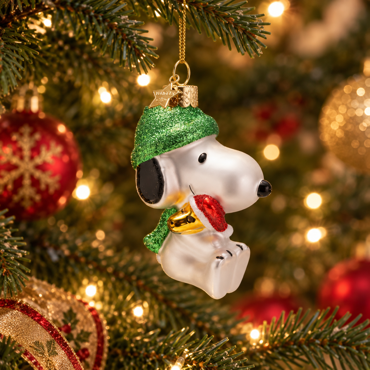 Vondels Kerstornament Snoopy met Woodstock Wit 6.5 x 4 x 9.5 cm