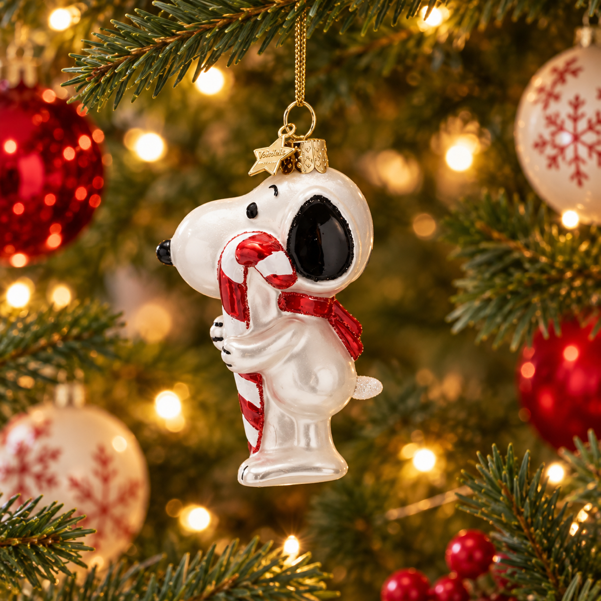 Vondels Kerstornament Snoopy met zuurstok Wit 4.5 x 6 x 9.5 cm