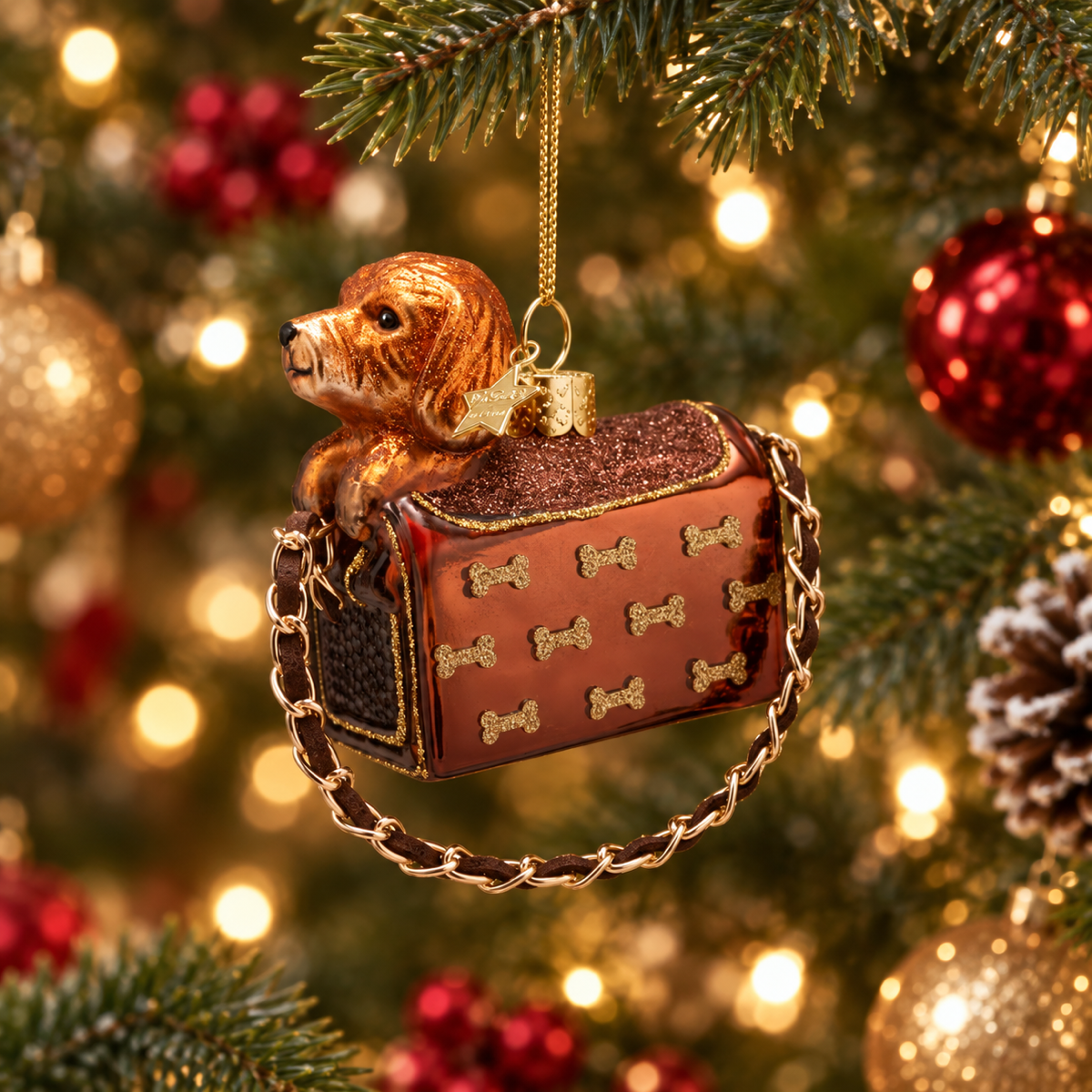 Vondels Kerstornament hond in tas met glitterbotjes Rood 7.5 x 3.5 x 7.5 cm