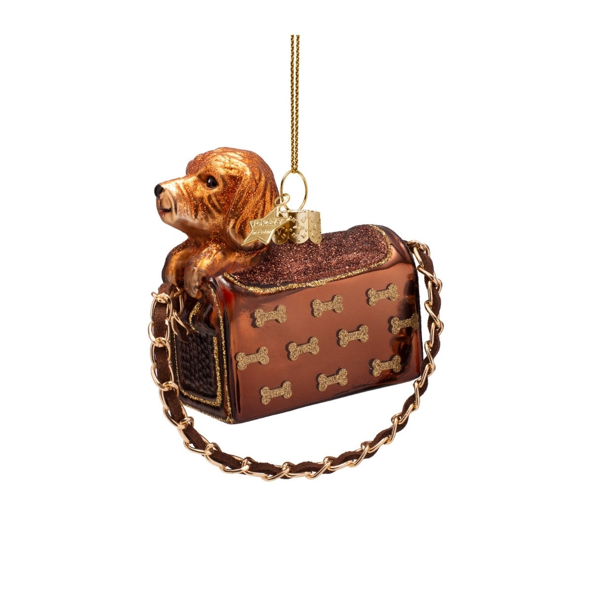 Vondels Kerstornament hond in tas met glitterbotjes Rood 7.5 x 3.5 x 7.5 cm