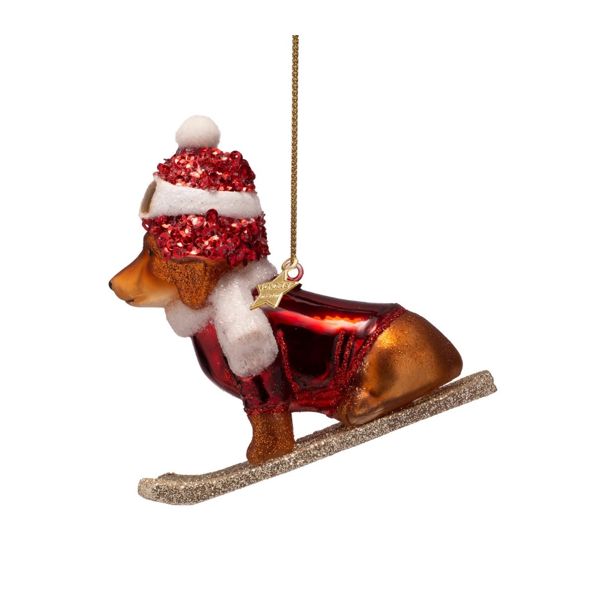 Vondels Kerstornament hond op ski's Rood 9.5 x 4 x 9.5 cm
