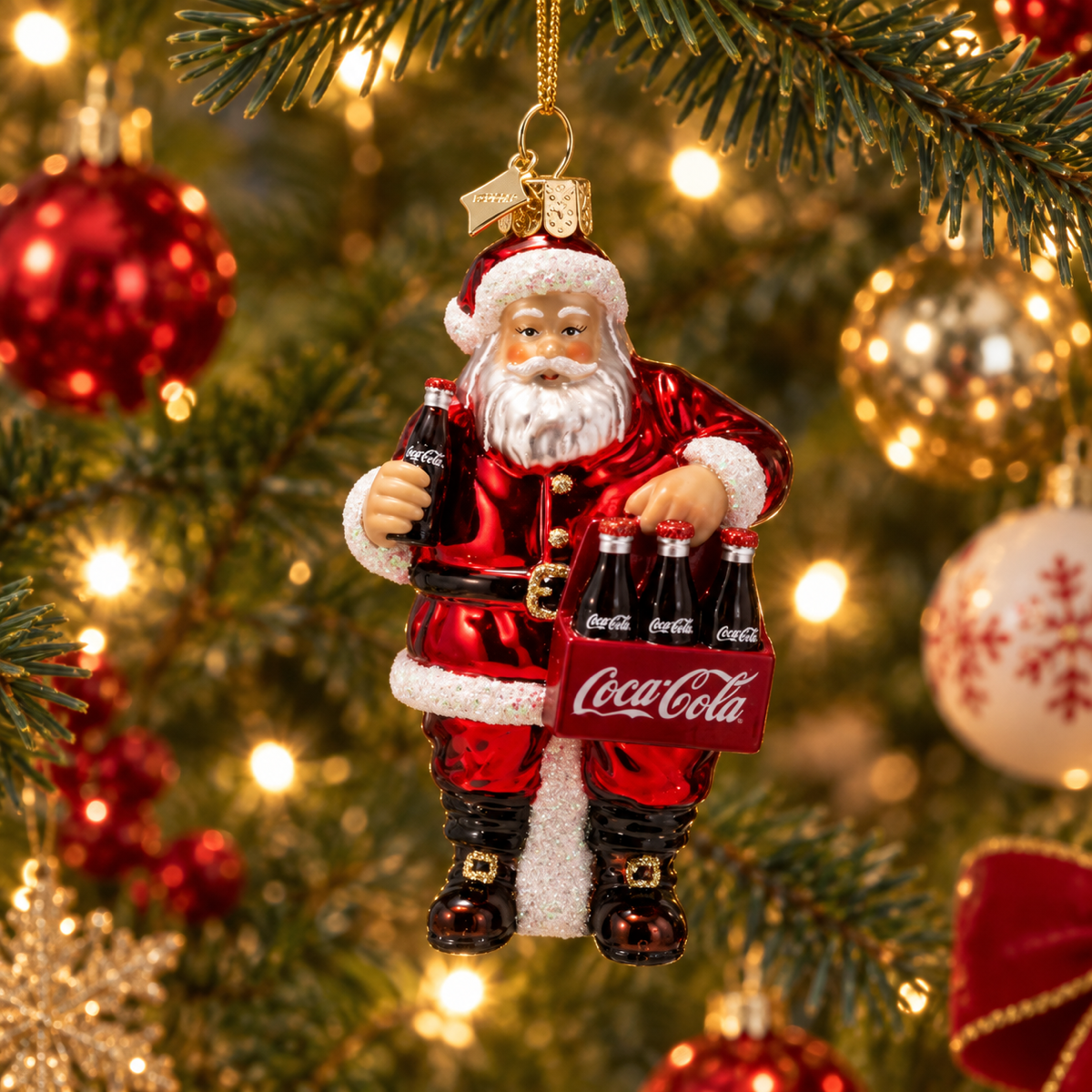 Vondels Kerstornament Coca-Cola kerstman met flessen Rood 7 x 5.5 x 12.5 cm