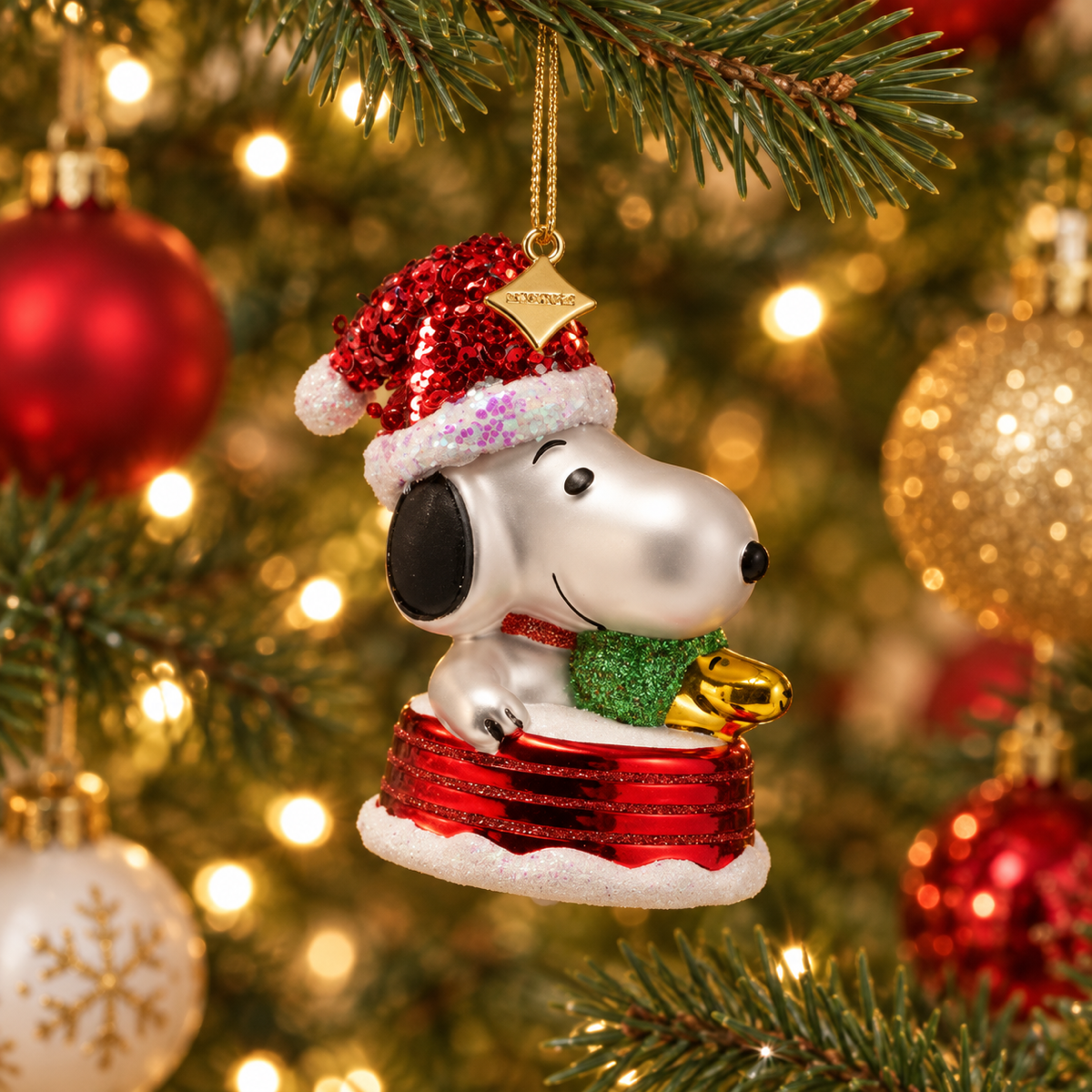 Vondels Kerstornament Snoopy en Woodstock op slee Wit 6 x 6 x 7.5 cm