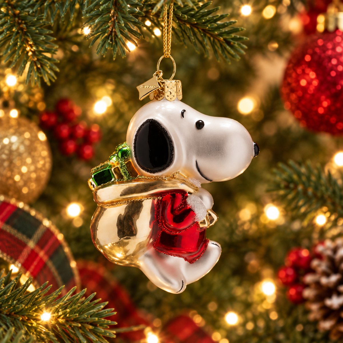 Vondels Kerstornament Snoopy met cadeaus in tas Wit 6.5 x 4 x 9 cm