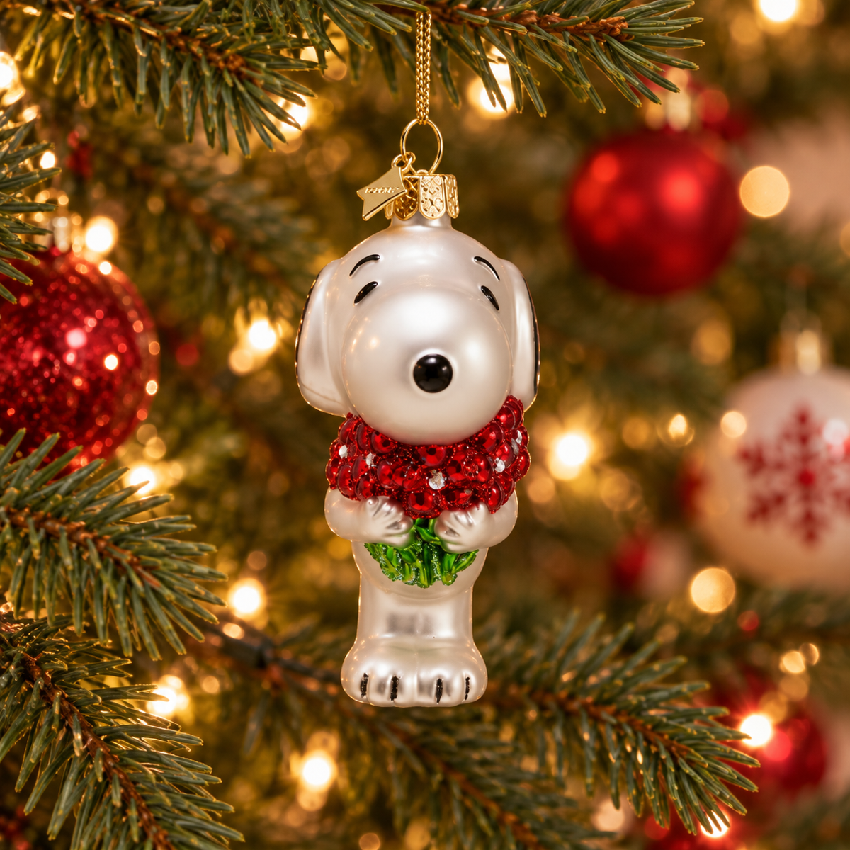 Vondels Kerstornament Snoopy met bloemen Wit 6 x 4 x 9 cm