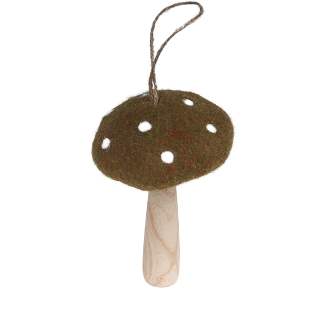 Vilten hanger paddenstoel groen 13 x 8 cm