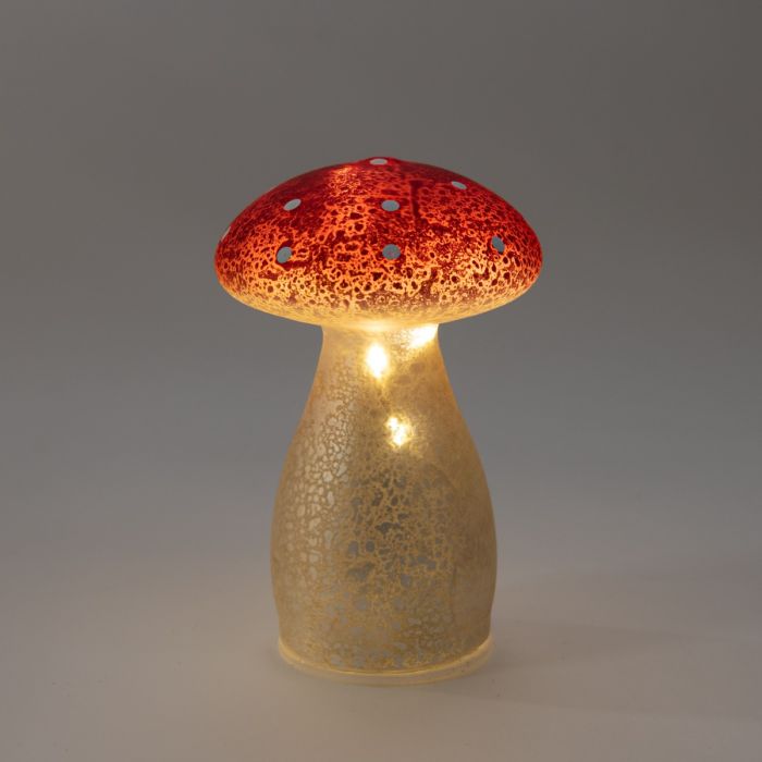 Paddenstoel verlicht glas wit met rode stippen 15 cm