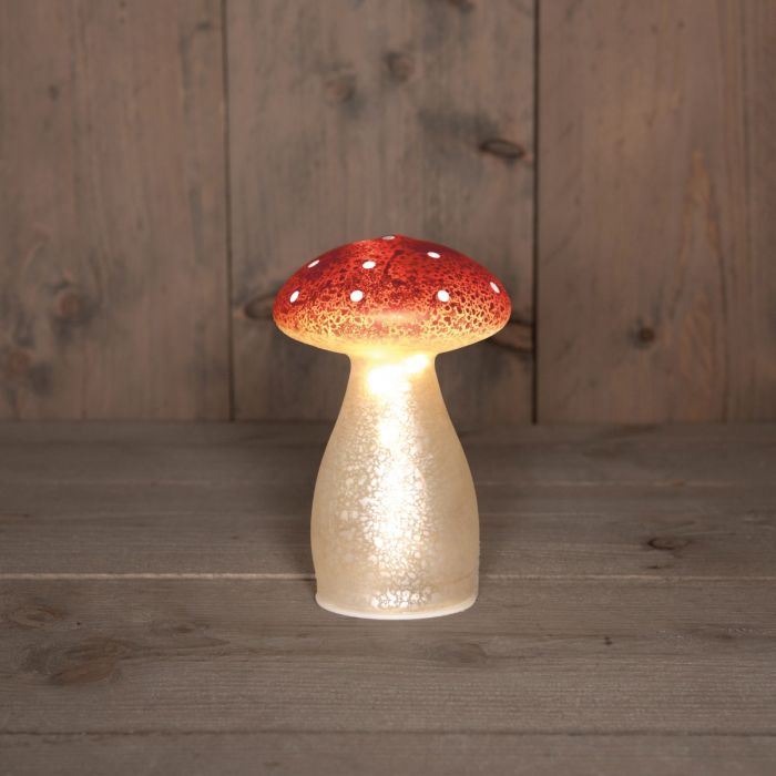 Paddenstoel verlicht glas wit met rode stippen 15 cm