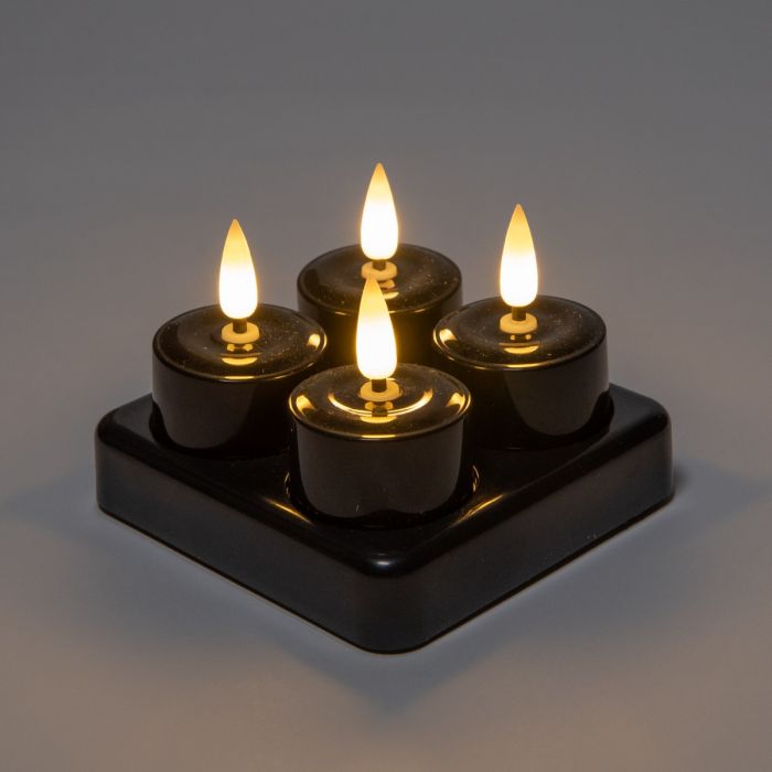 Theelicht LED 3D vlam oplaadbaar 4 stuks zwart