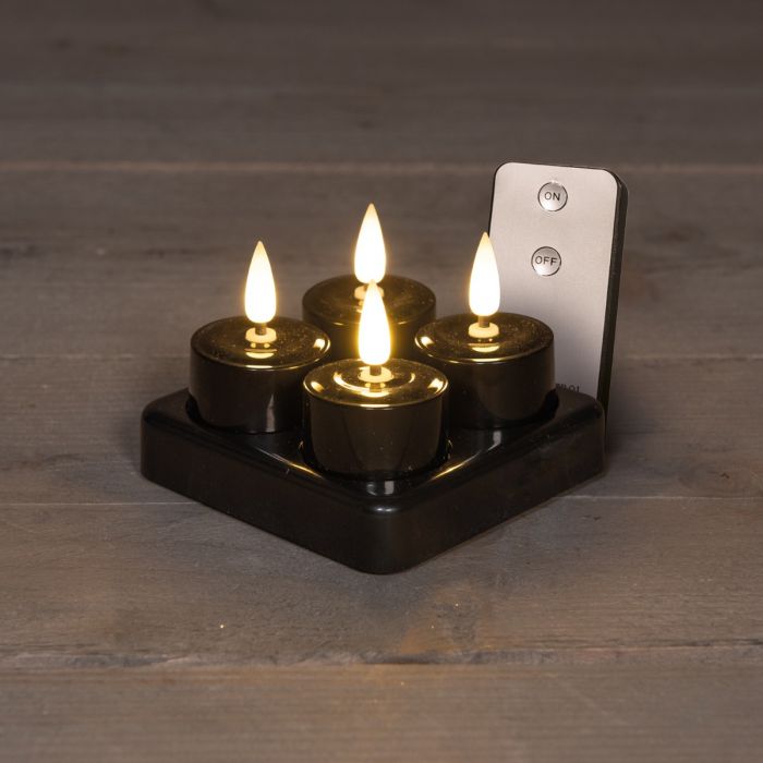Theelicht LED 3D vlam oplaadbaar 4 stuks zwart