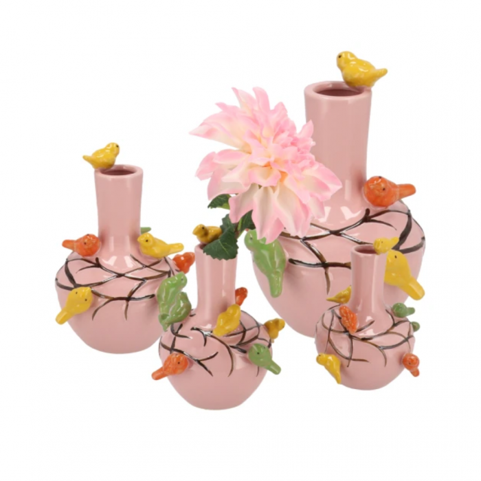 Vaas vogel lichtroze tube 13 x 15 cm