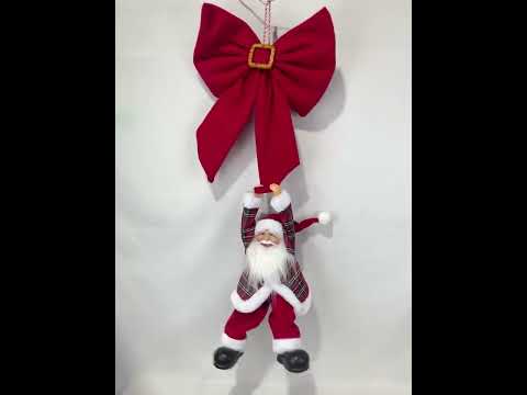 Kerstman hangend aan strik bewegende animatiepop 90 cm