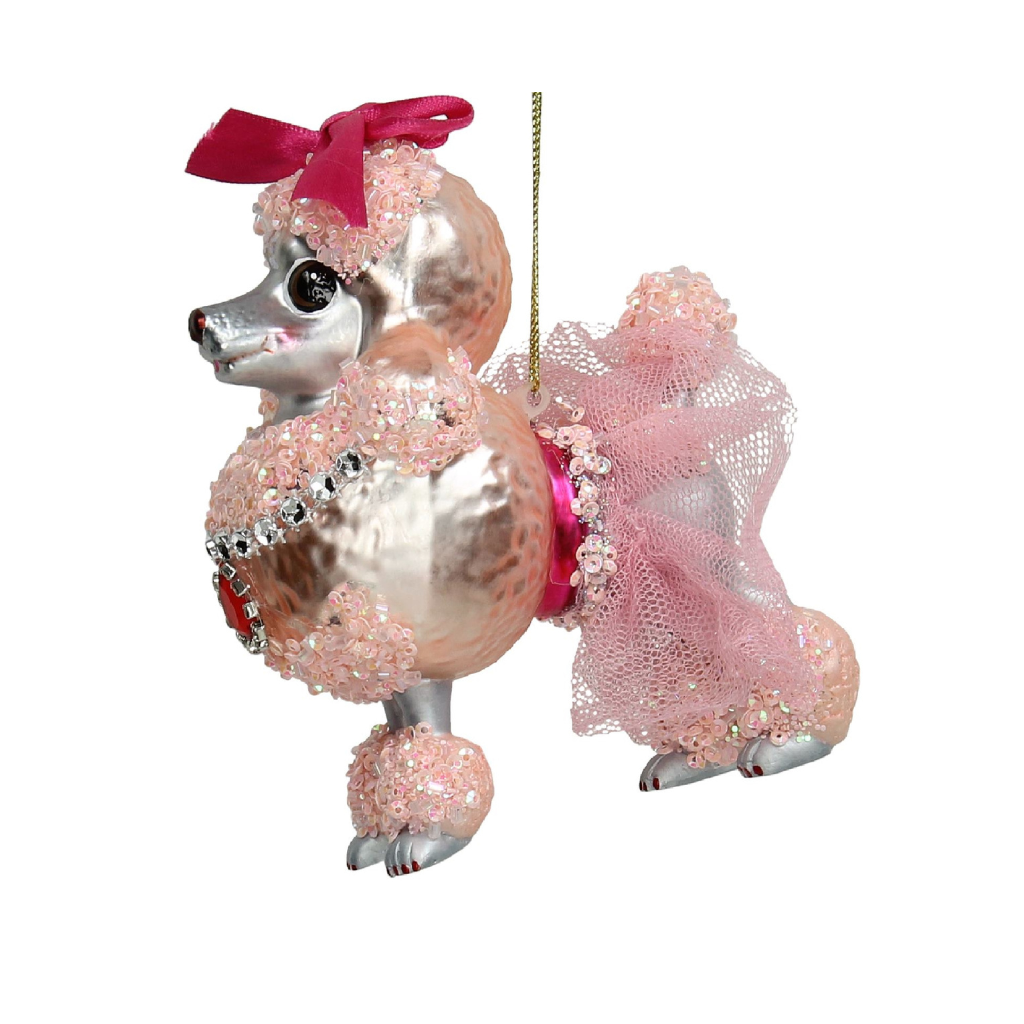 Kersthanger Poedel Glas Roze 12.7 cm