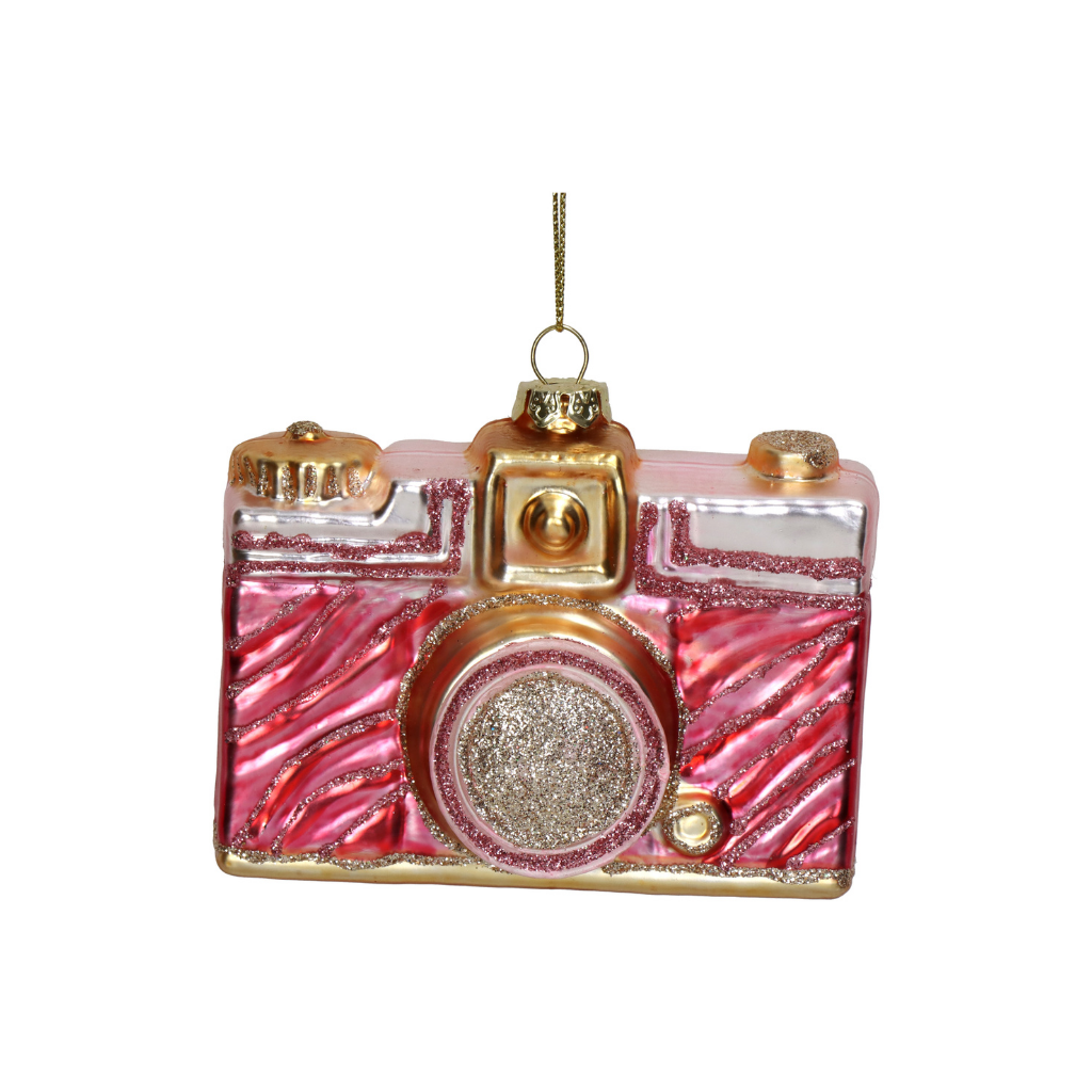 Kersthanger Camera Zebra Glas Roze 9.5 cm