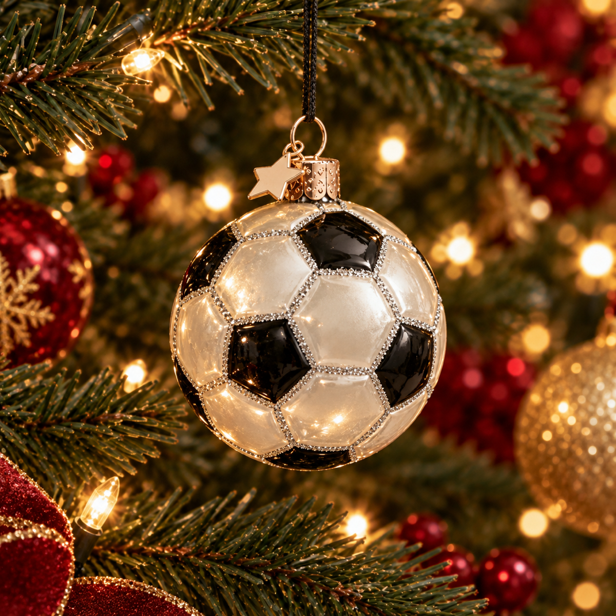 Vondels Kerstornament Wit/Zwarte Glitter Voetbal Wit 7 cm