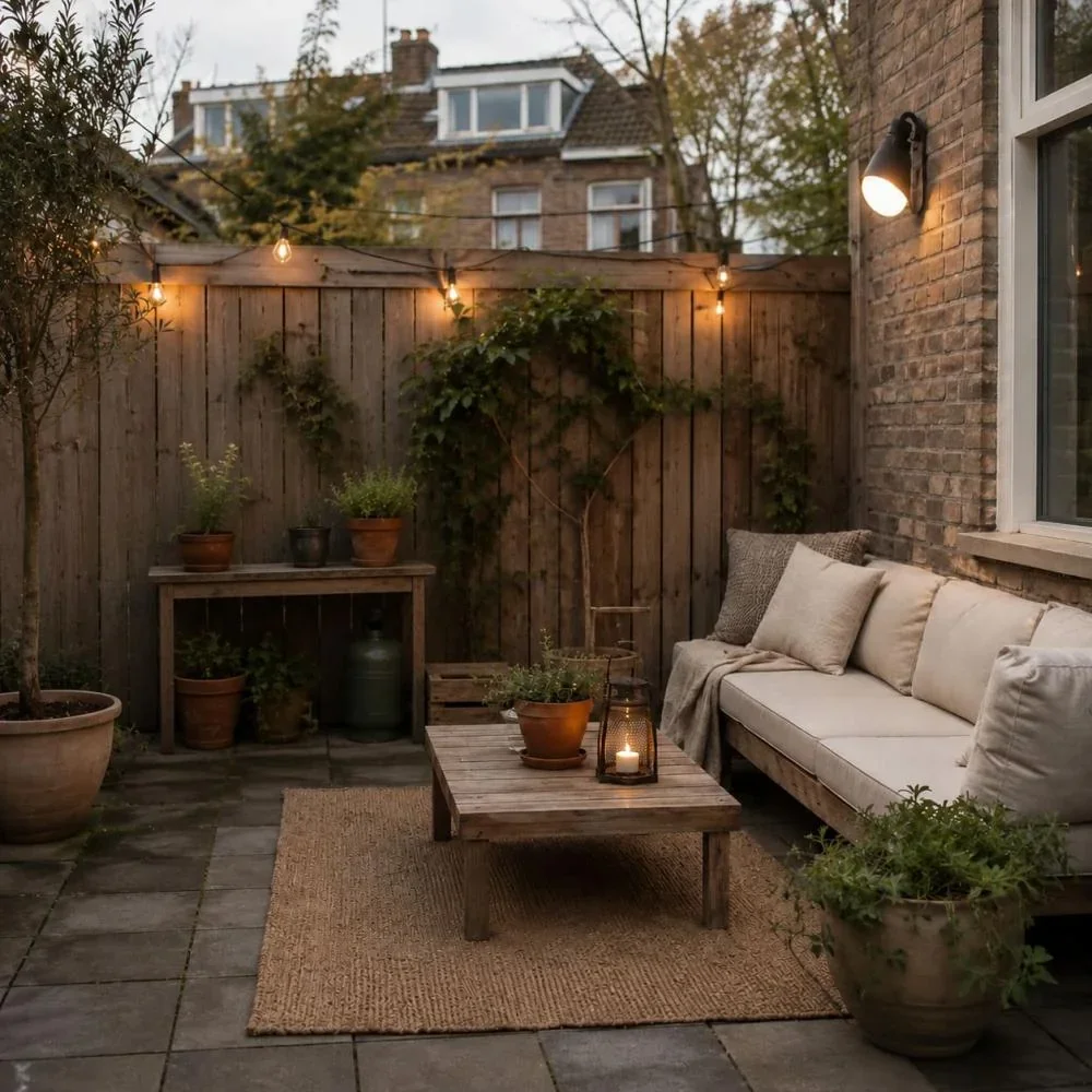 Bohemian terras met buitenkussens, verlichting en planten