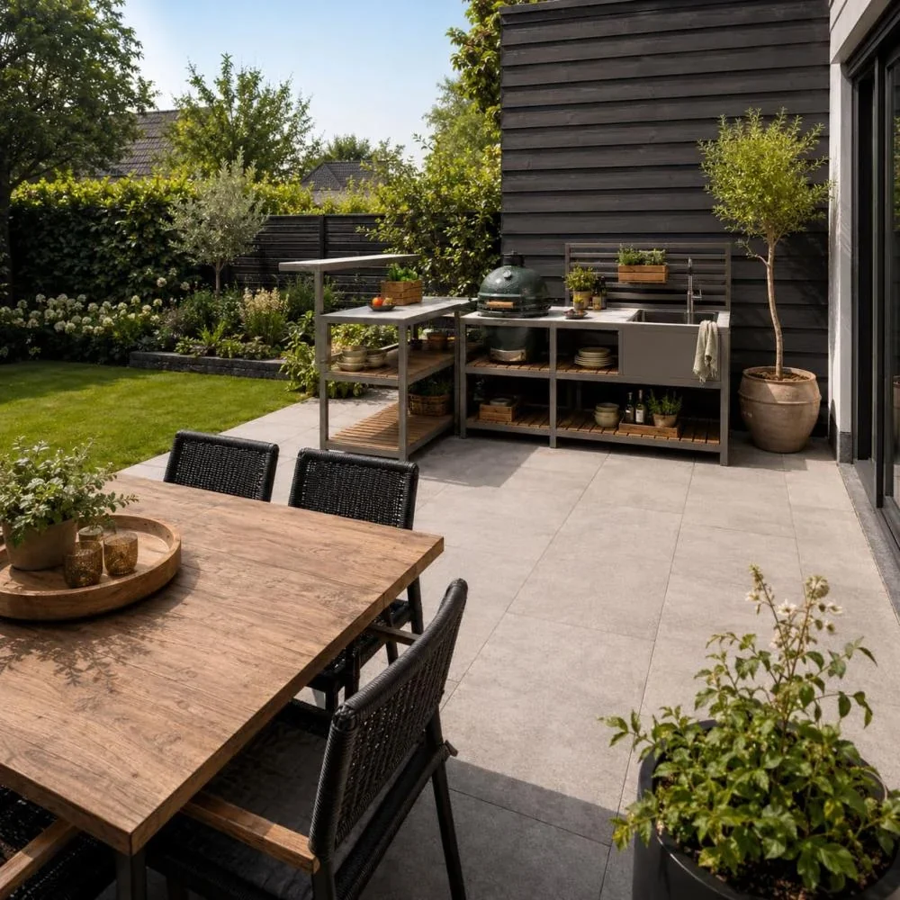 ideale plek voor een buitenkeuken op het terras bij de eettafel