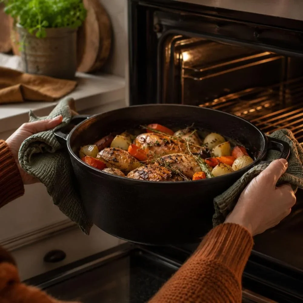 gietijzeren pan uit de oven halen met ovenwanten