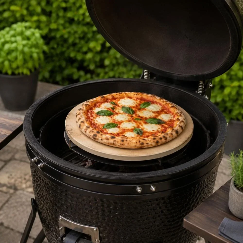 pizza bakken op kamado met pizzasteen