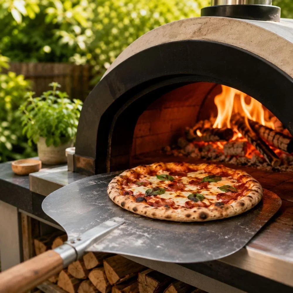 pizzaoven met pizzaschep en zelfgemaakte pizza