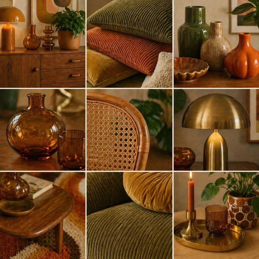 Moodboard van materialen voor een retro interieur