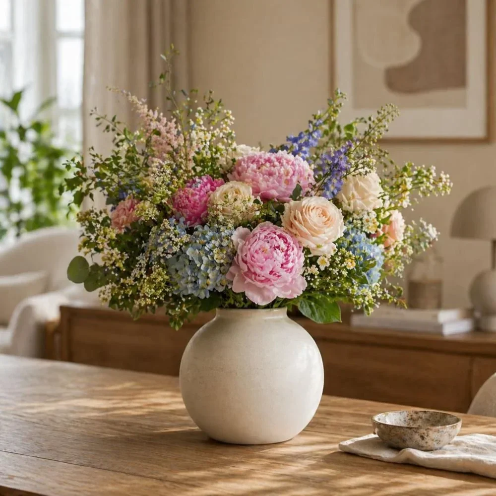Ronde beige vaas met kleurrijk bloemenboeket