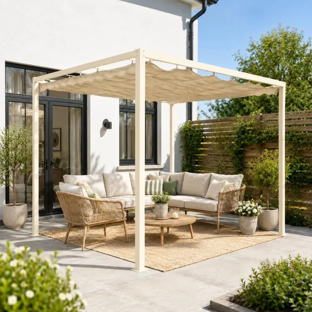 pergola met tuinset en sfeervolle verlichting
