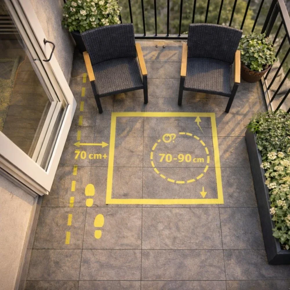 Uitmeten van tuinmeubelen op balkon met tape