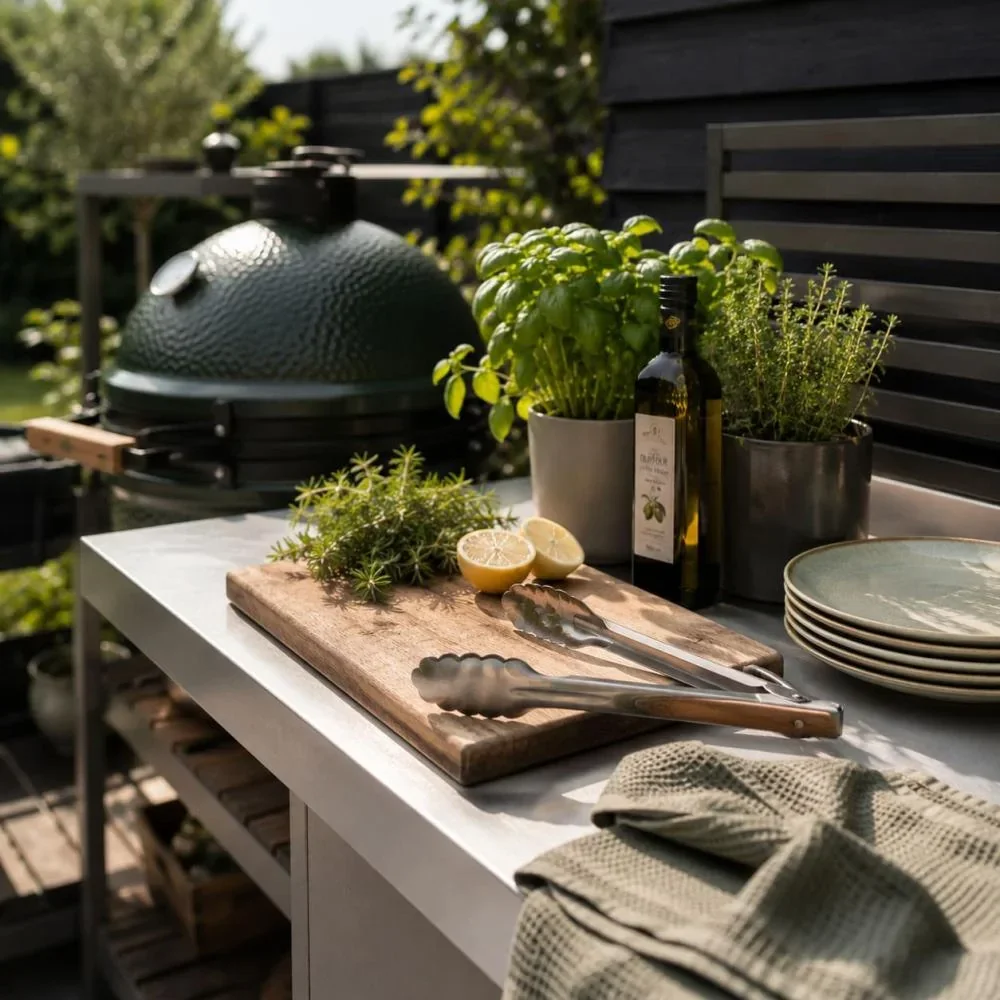 werkruimte in buitenkeuken met barbecue accessoires en kruiden