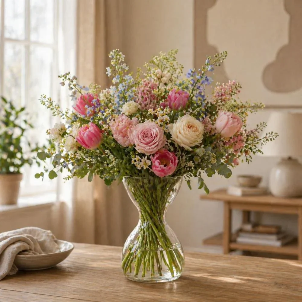 Glazen zandlopervaas met kleurrijke bos bloemen