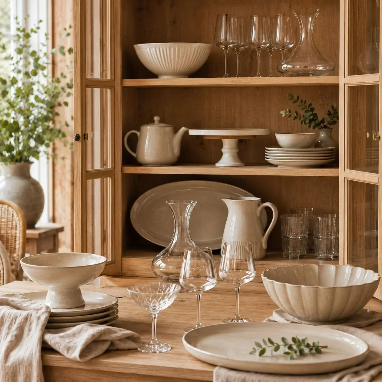 Aanvullend servies op een tafel en in een kast