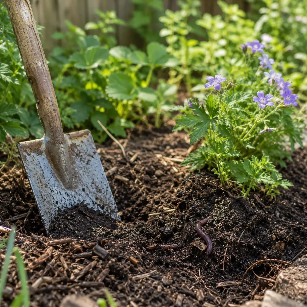 Gezonde tuingrond met compost, schep en regenwormen als basis voor sterke planten