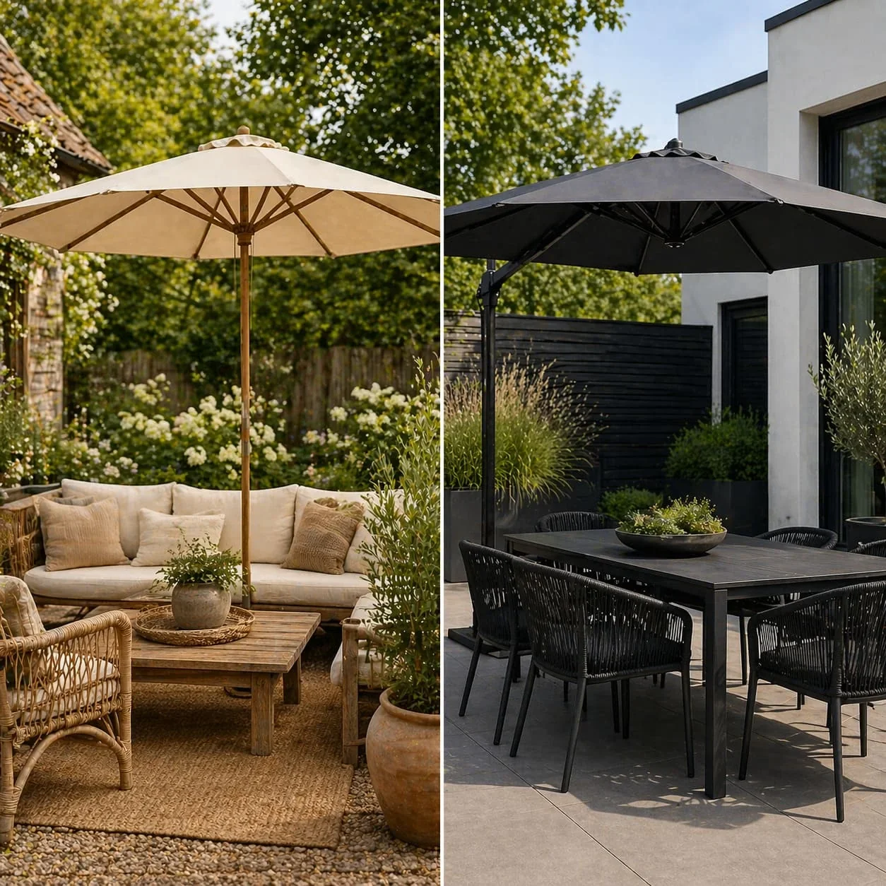 Lichte parasol versus donkere parasol in een tuin