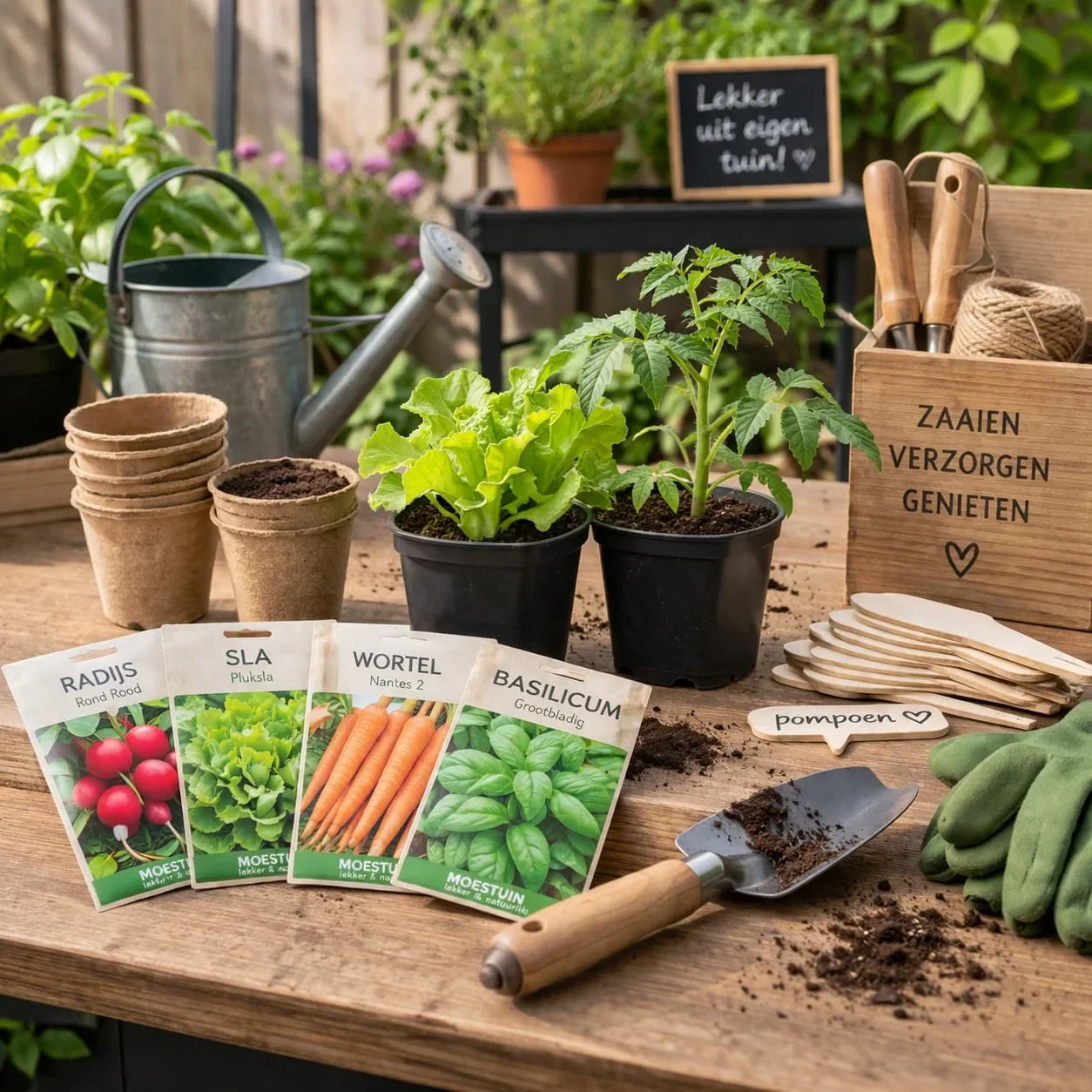 Zaadzakjes, plantenlabels, potjes en jonge groenteplantjes op een oppottafel