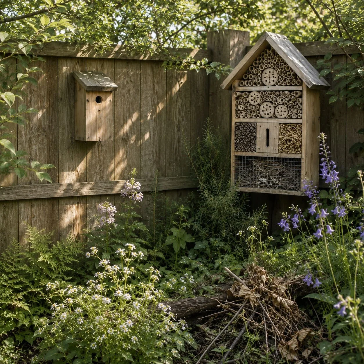 Insectenhotel en vogelhuisje in een tuin met beschutte hoek voor dieren